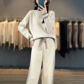 100% Merino Wool Suit Autumn/Winter New Fashion Two-Piece Set Women's Round Neck Pullover Casual High Waisted Trousers Suit