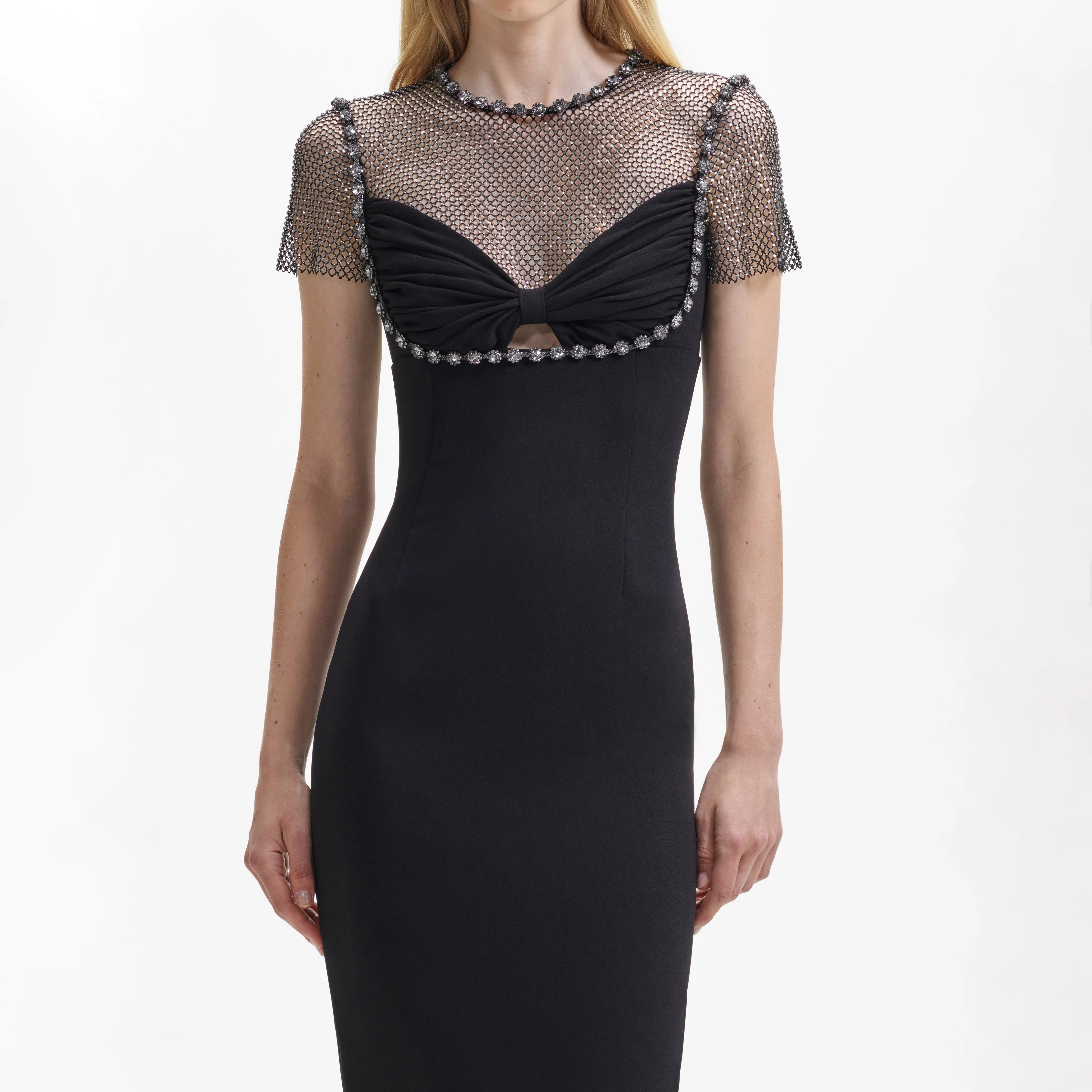 Black Crepe Diamante Midi Dress