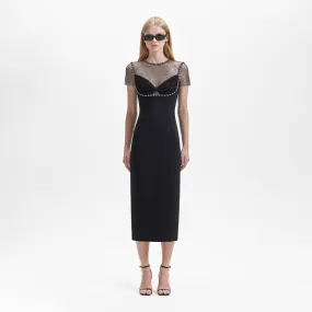 Black Crepe Diamante Midi Dress