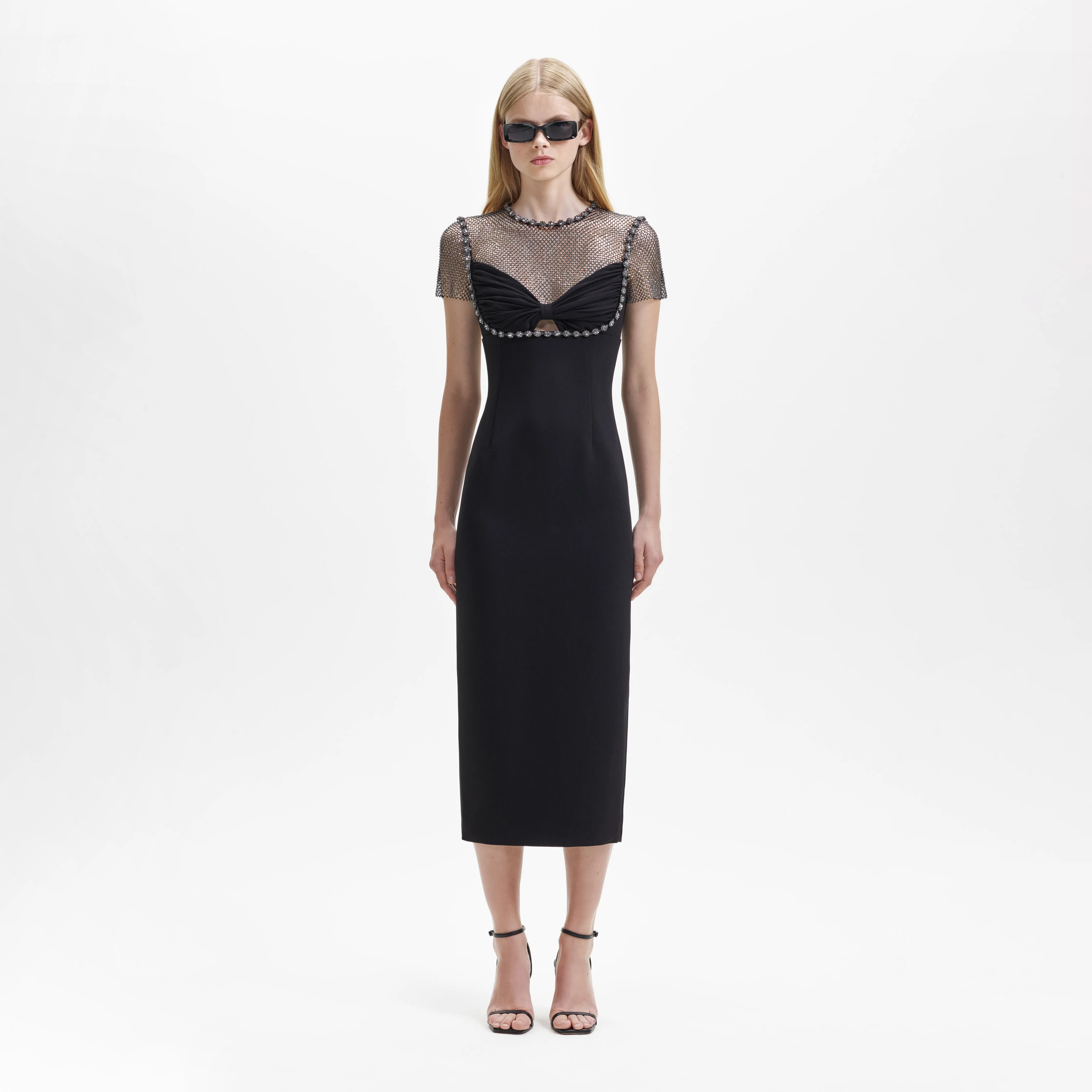 Black Crepe Diamante Midi Dress