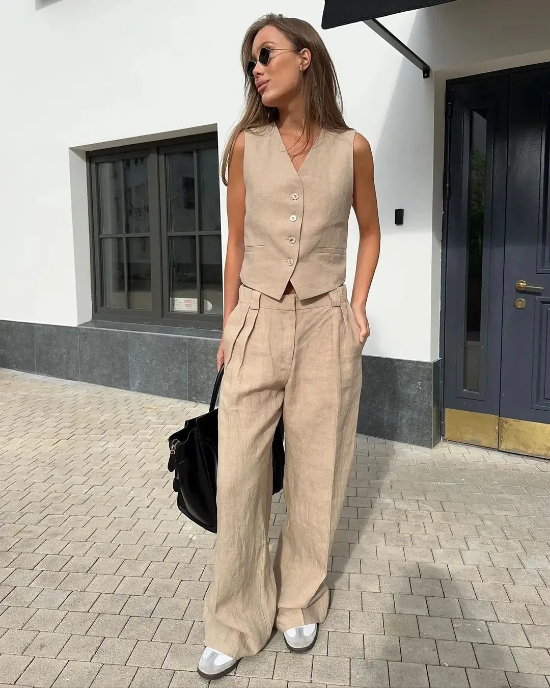 Bronladies Womem Linen Cotton Chic Vest ＆ Pants Suit Two-Piece Set Office Ladies Summer Chic 2 Piece Sets Womens Outfits