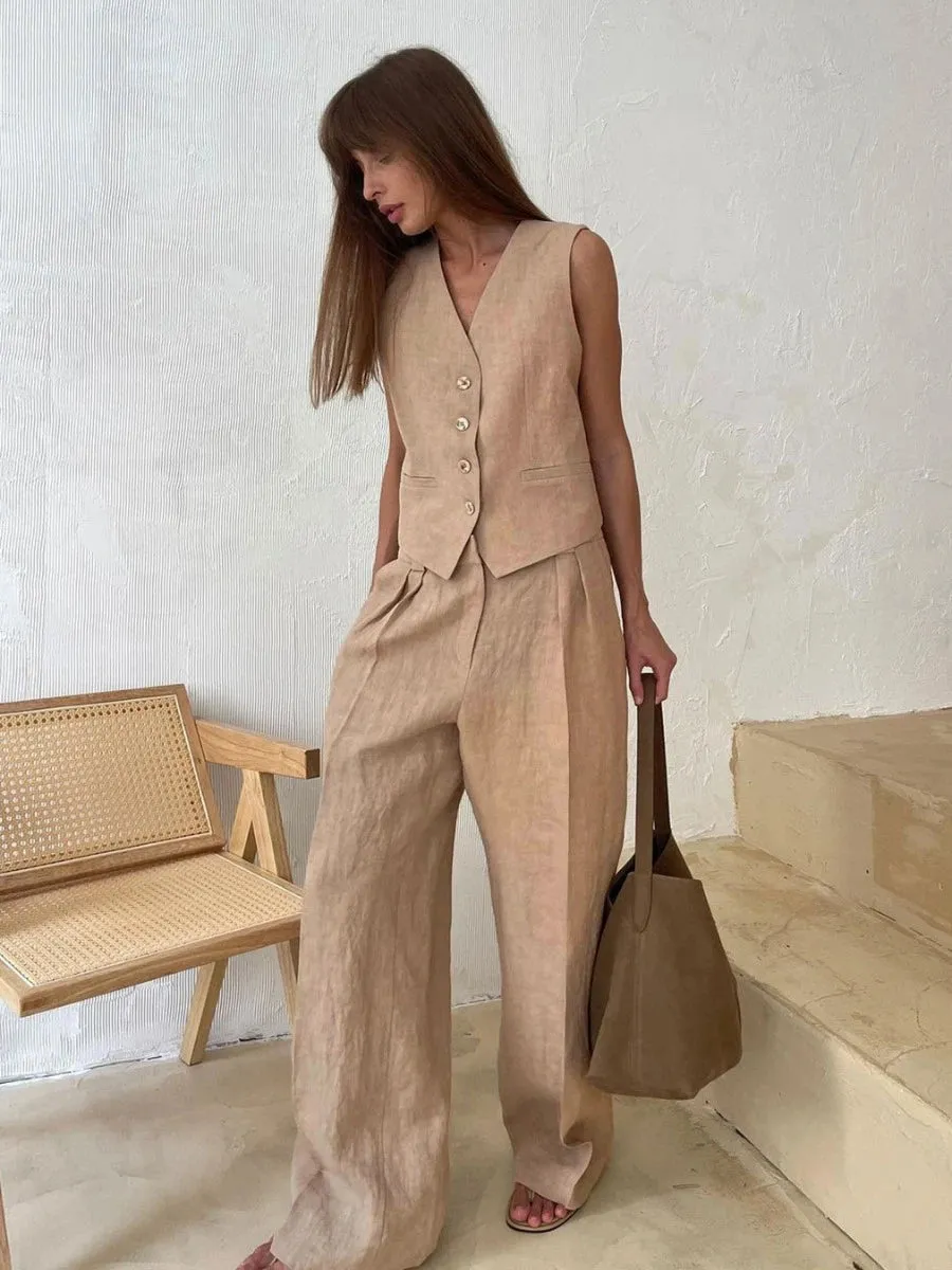 Bronladies Womem Linen Cotton Chic Vest ＆ Pants Suit Two-Piece Set Office Ladies Summer Chic 2 Piece Sets Womens Outfits