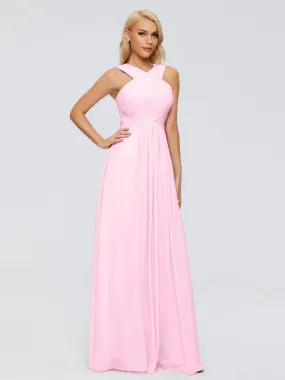 Candy Pink Bridesmaid Dresses Aliyah Charming A-Line Straps Chiffon Bridesmaid Dresses