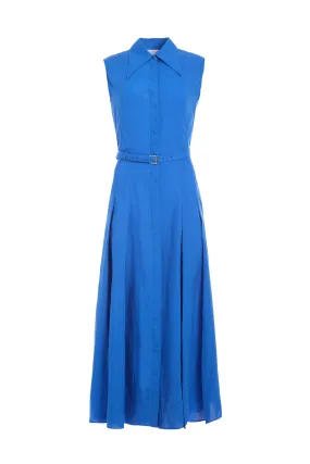 Durand Pleated Maxi Shirtdress in Sapphire Aloe Linen