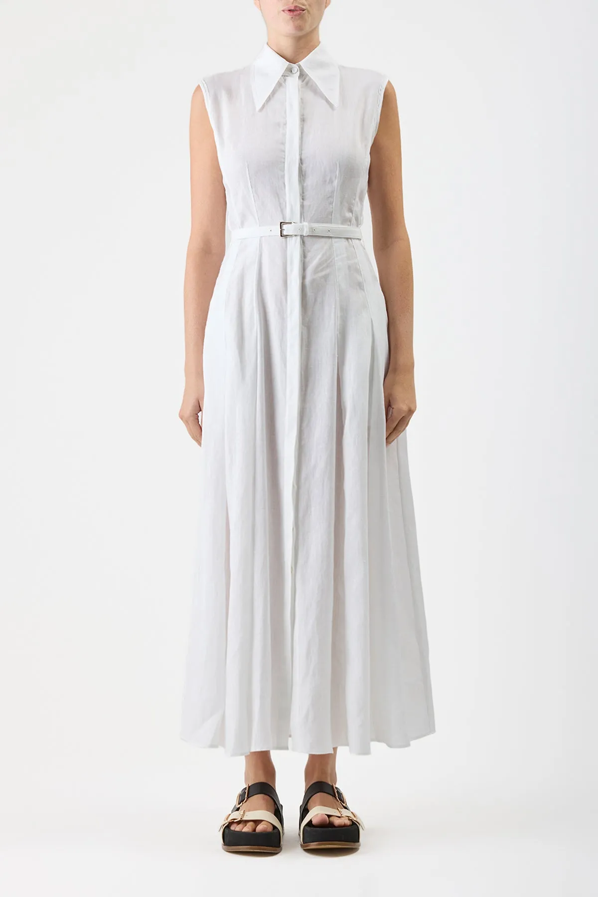 Durand Pleated Maxi Shirtdress in White Aloe Linen