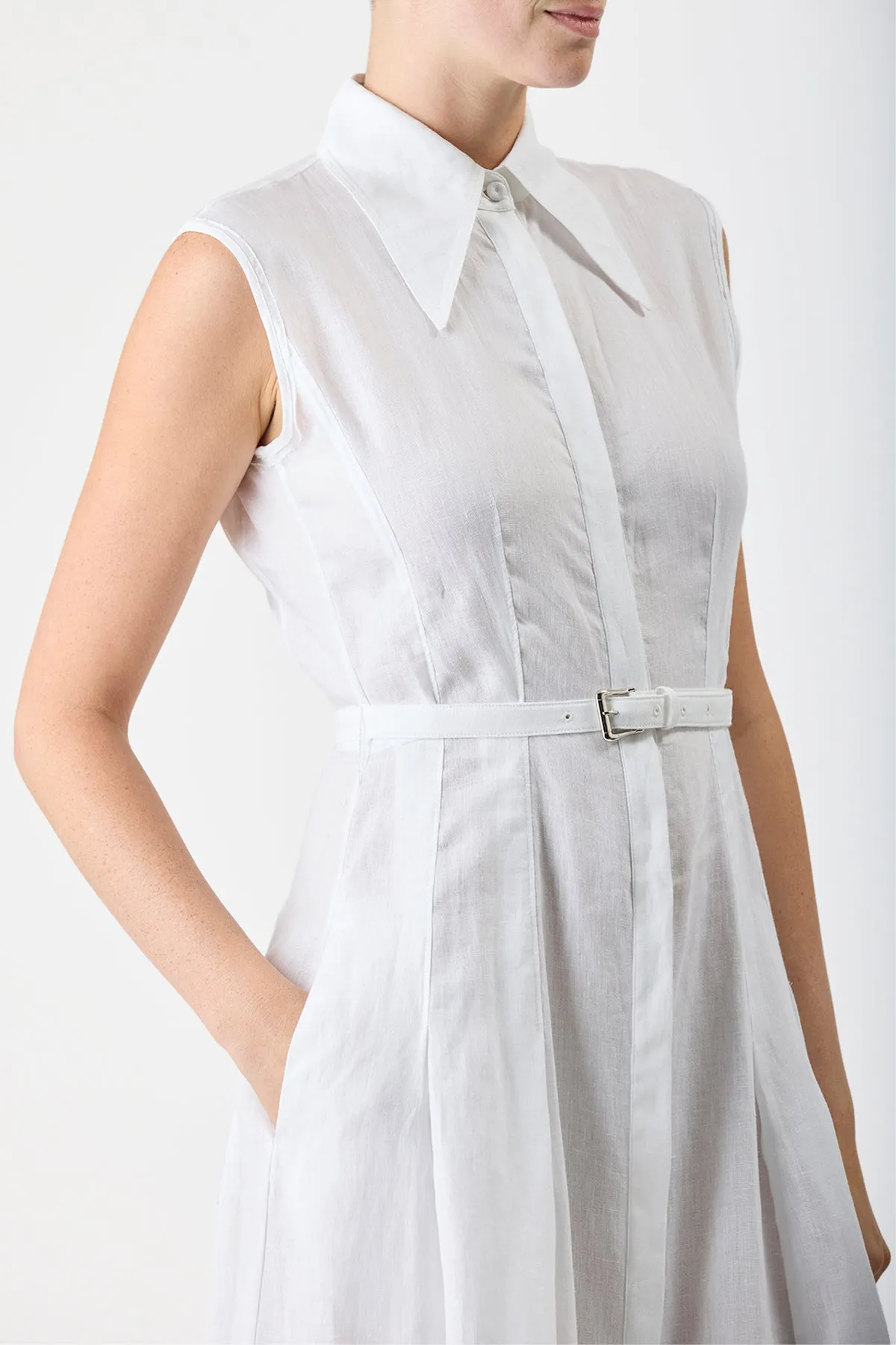 Durand Pleated Maxi Shirtdress in White Aloe Linen