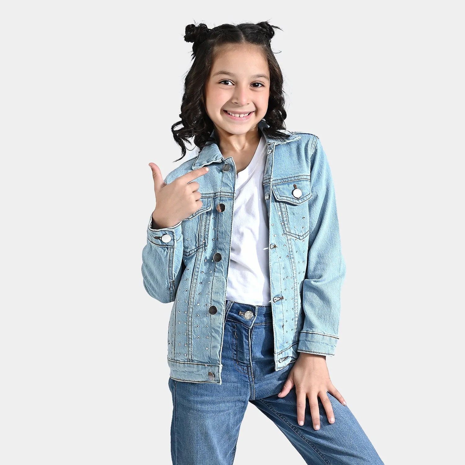 Girls Denim rigid Jacket Silver Studs-Mid Blue