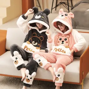 Korean Cartoon Bear Anime Couple Pajamas Set - Winter Thicken Warm Sleepwear for Women and Men