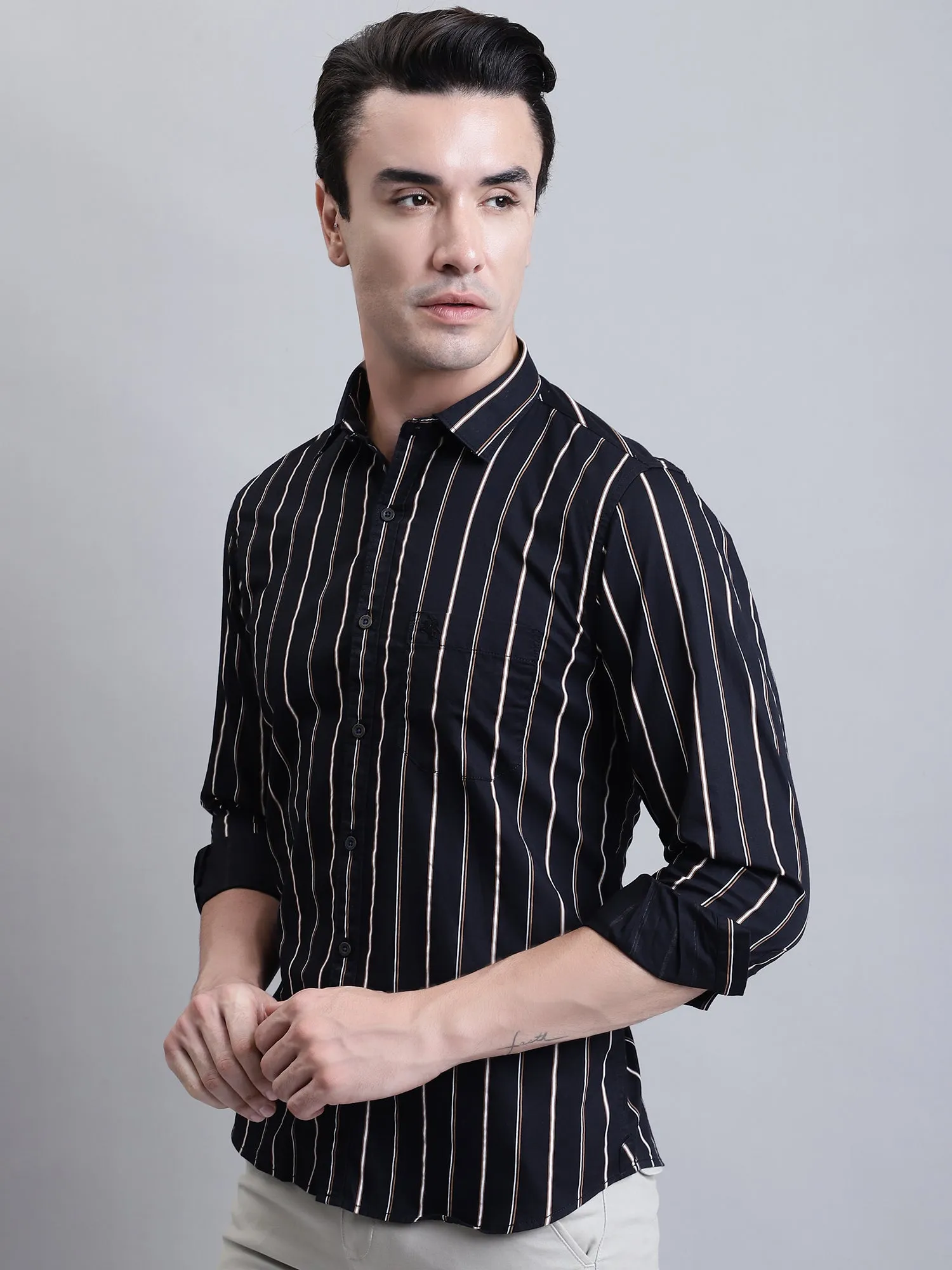 Men's Black Casual Broad Stripe Full Sleeve Shirt