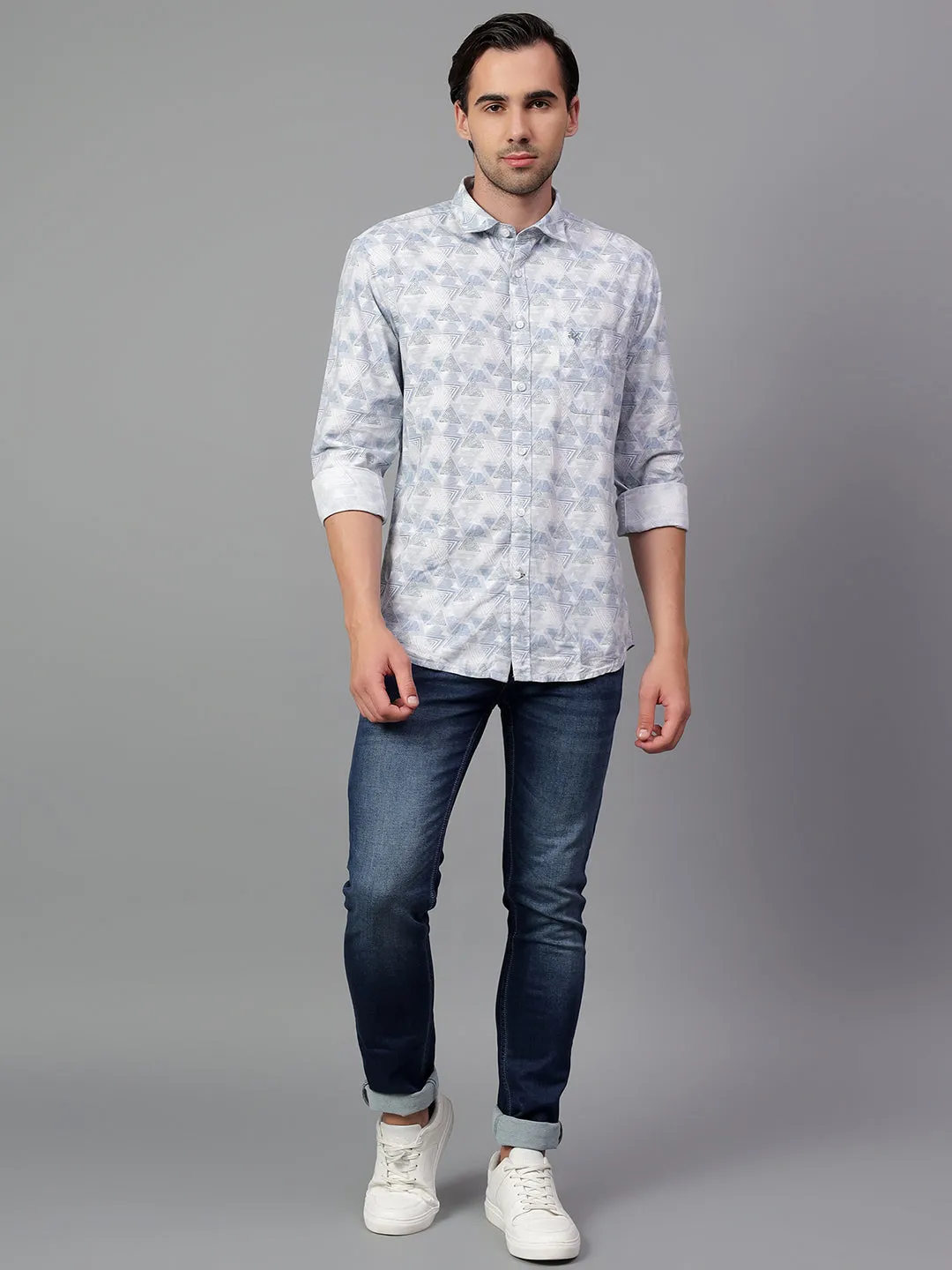 Men's Blue Printed Full Sleeve Casual Shirt