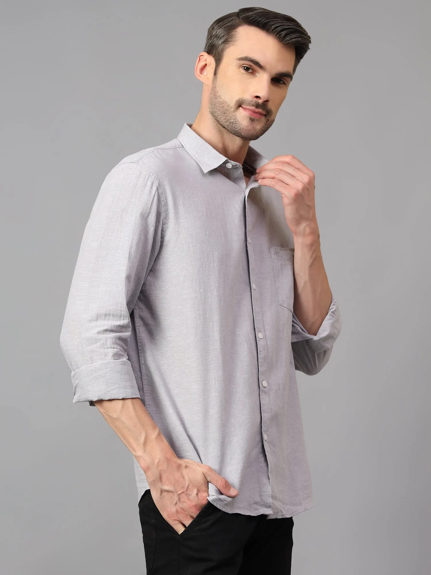 Men's Grey  Casual Plain Full Sleeve Shirt