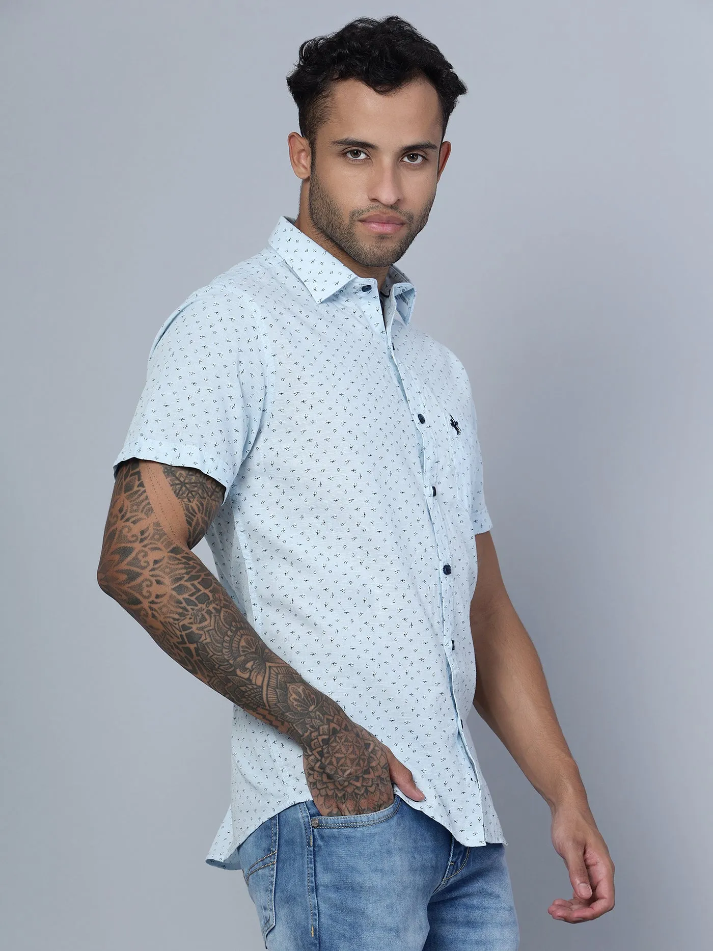 Men's Light Blue Casual Floral Ditsy Print Half Sleeve Shirt