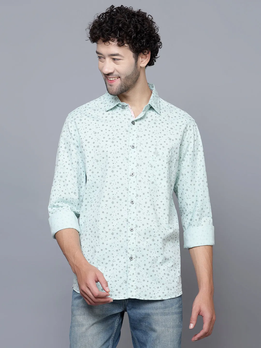 Men's Light Green Casual Floral Print Full Sleeve Shirt