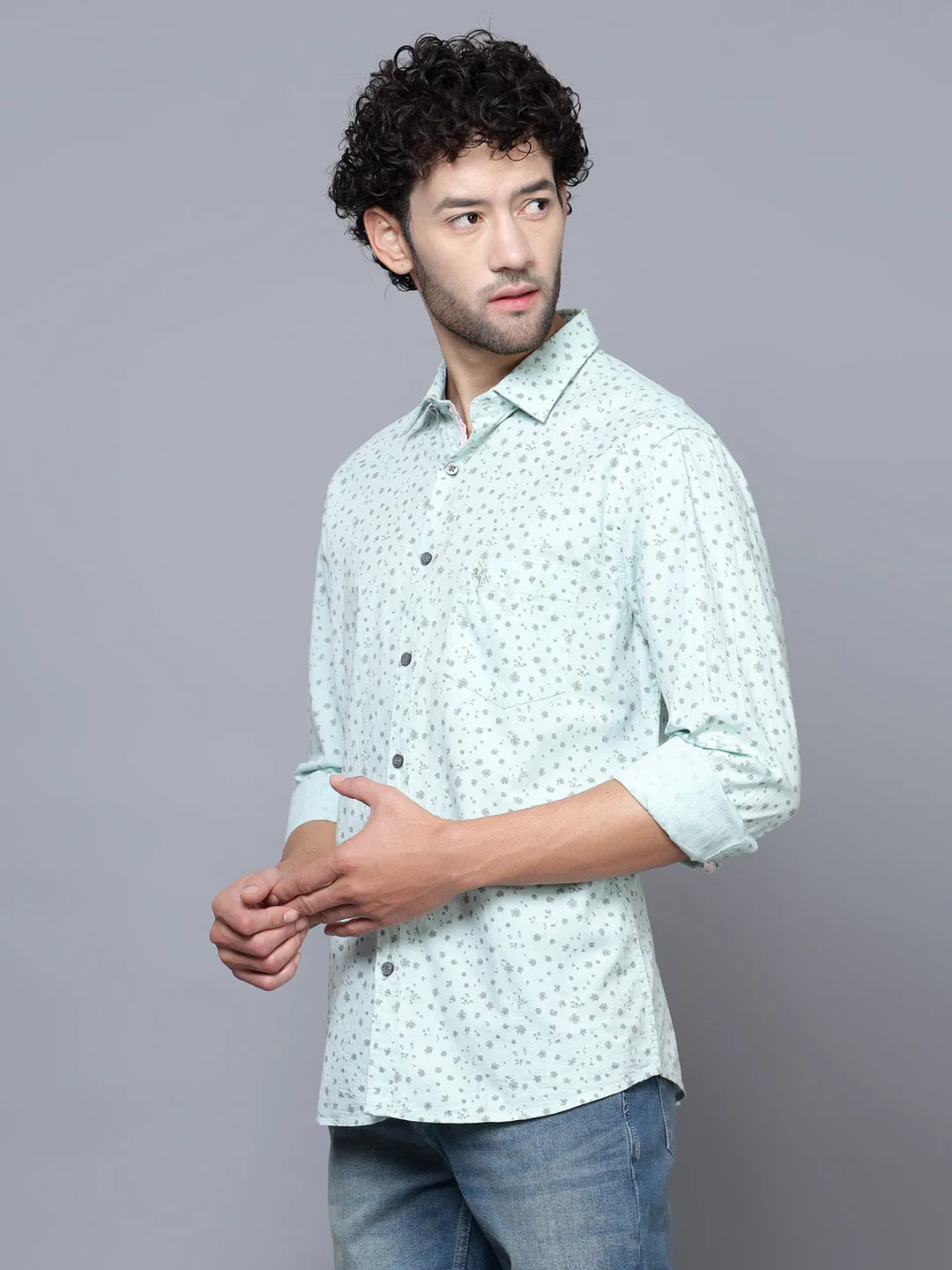 Men's Light Green Casual Floral Print Full Sleeve Shirt