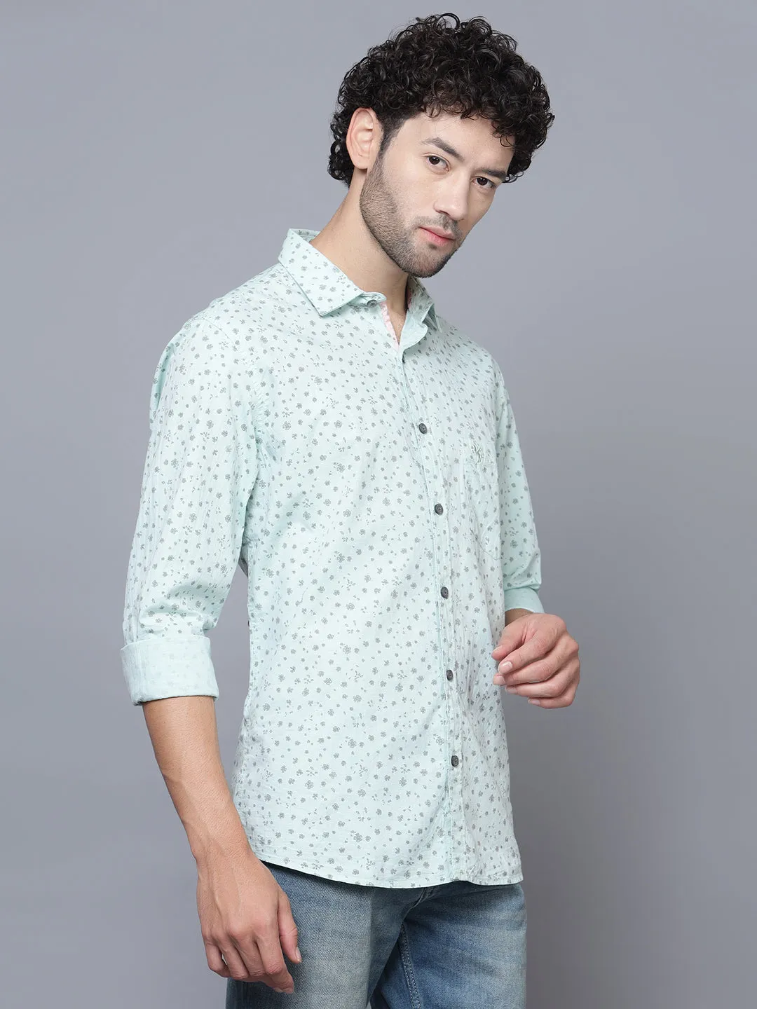 Men's Light Green Casual Floral Print Full Sleeve Shirt