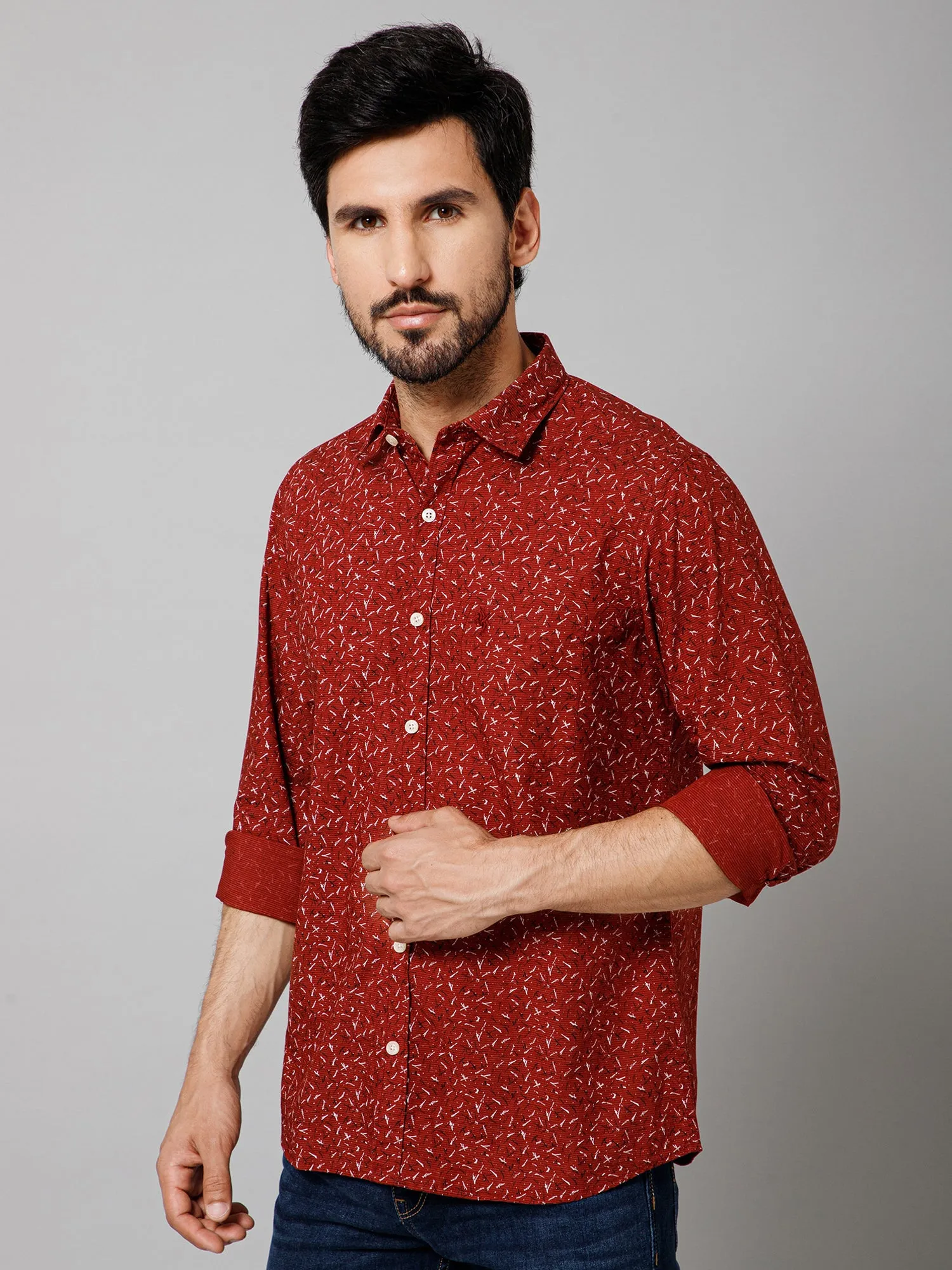 Men's Maroon Casual Abstract Ditsy Print Full Sleeve Shirt