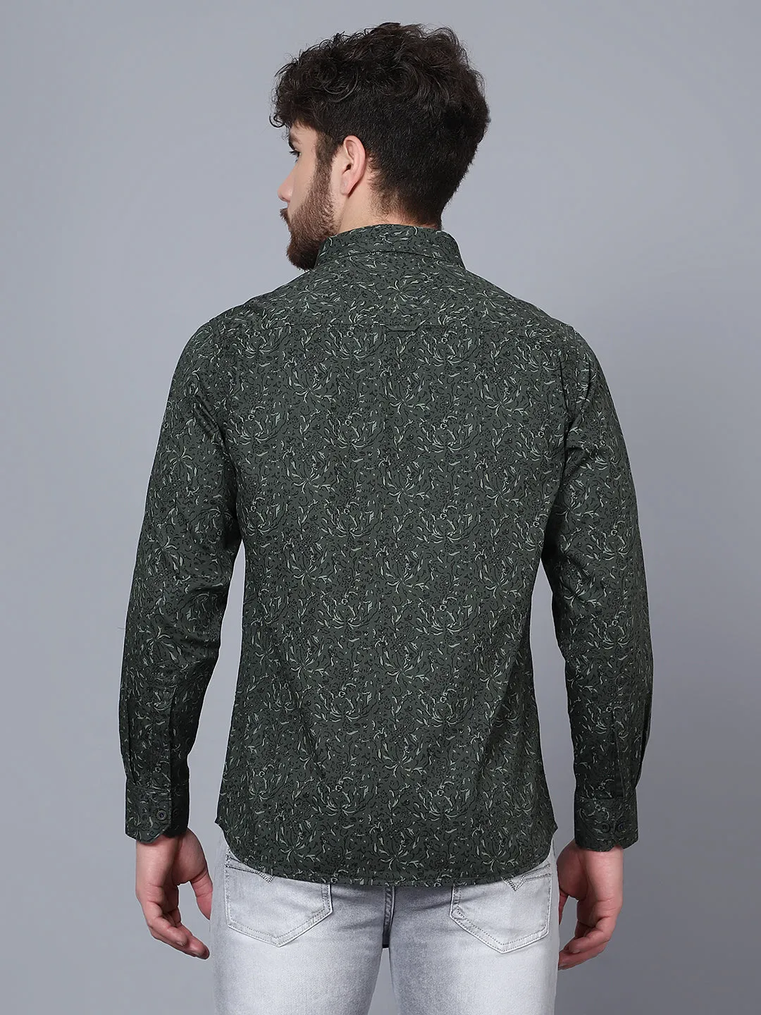 Men's Olive Green Casual Abstract Print Full Sleeve Shirt