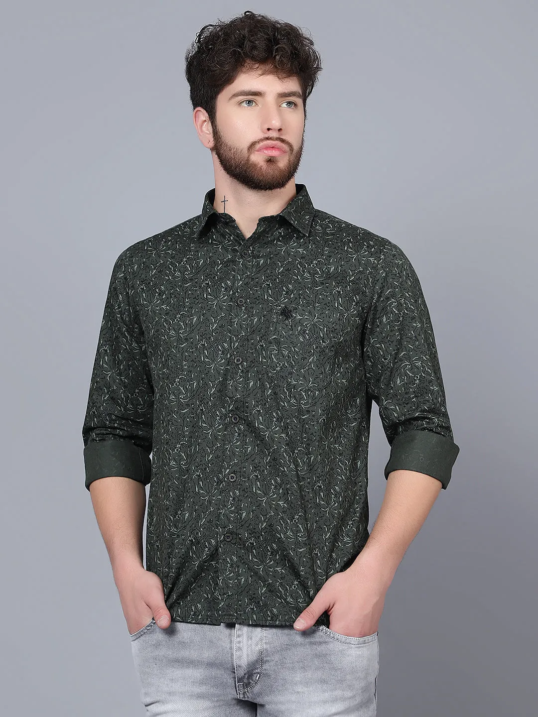 Men's Olive Green Casual Abstract Print Full Sleeve Shirt