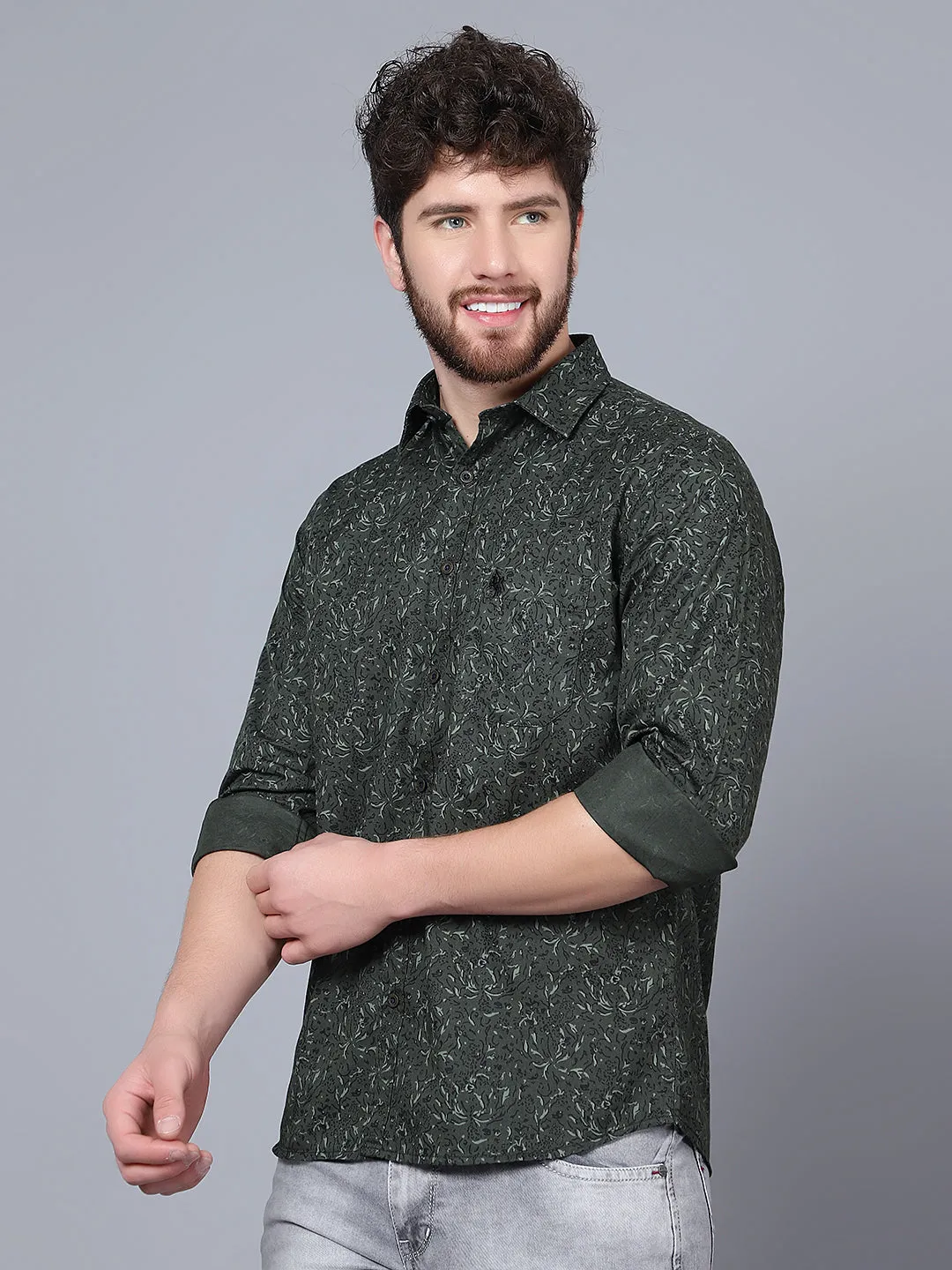 Men's Olive Green Casual Abstract Print Full Sleeve Shirt