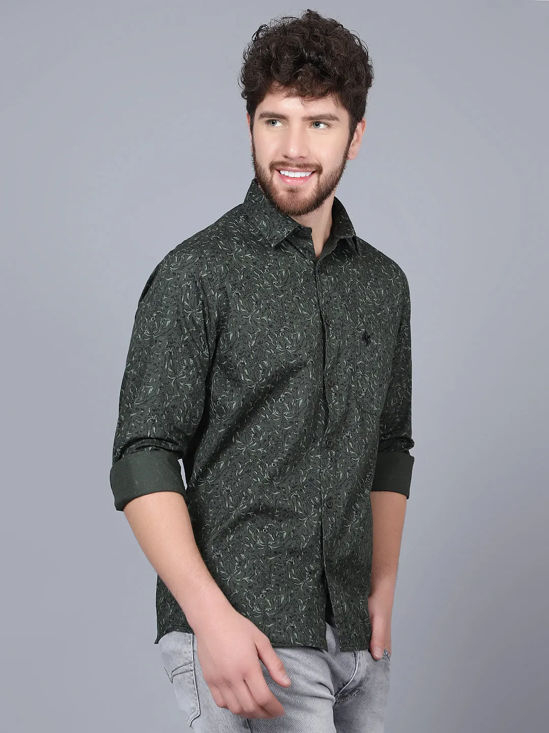 Men's Olive Green Casual Abstract Print Full Sleeve Shirt