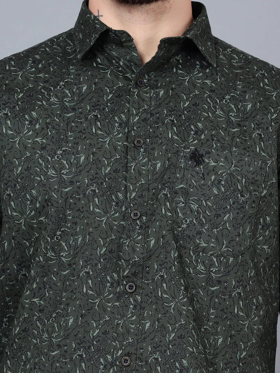 Men's Olive Green Casual Abstract Print Full Sleeve Shirt