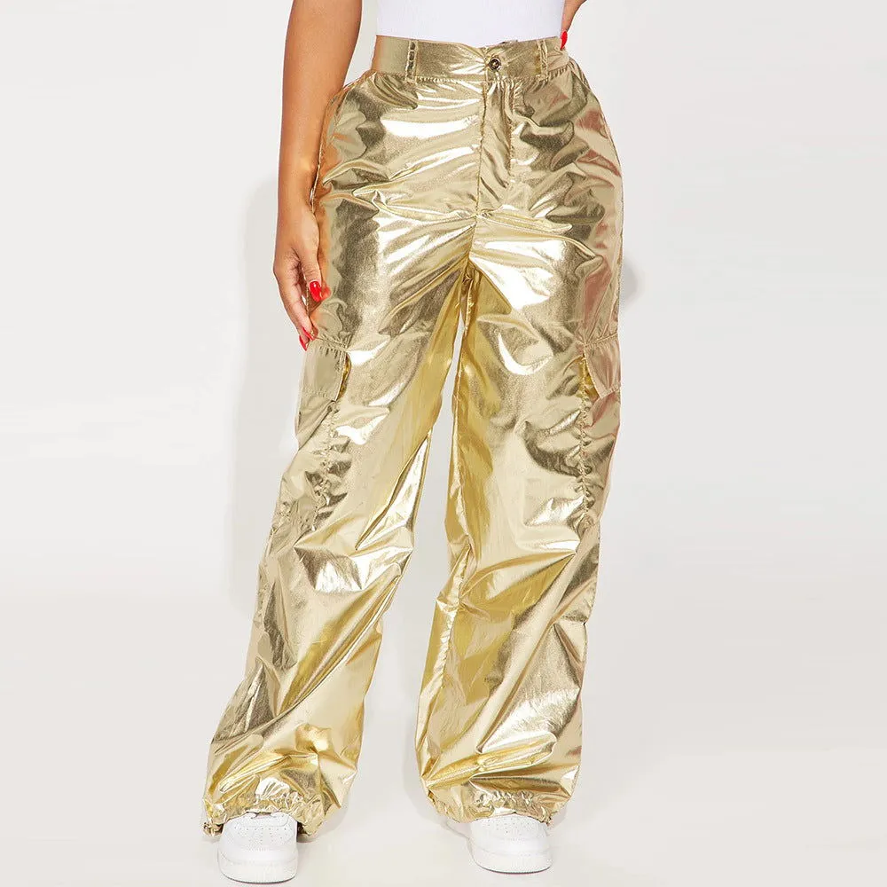 Metallic Coated Fabric Glossy Trousers Christmas Bright Color Stretch Leather Zipper Ankle Banded Slacks Women