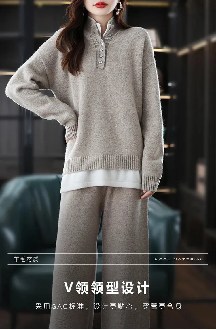 New 2023 Ladies 100% Cashmere Wool Suit Casual Long Sleeve Pullover Sweater Solid Color Knit Long Wide Leg Pants Pure Wool Suit