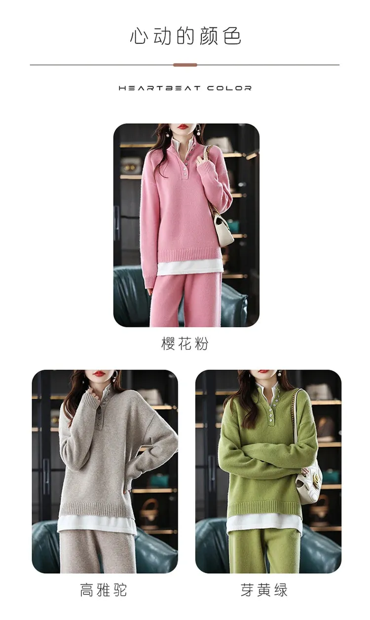 New 2023 Ladies 100% Cashmere Wool Suit Casual Long Sleeve Pullover Sweater Solid Color Knit Long Wide Leg Pants Pure Wool Suit