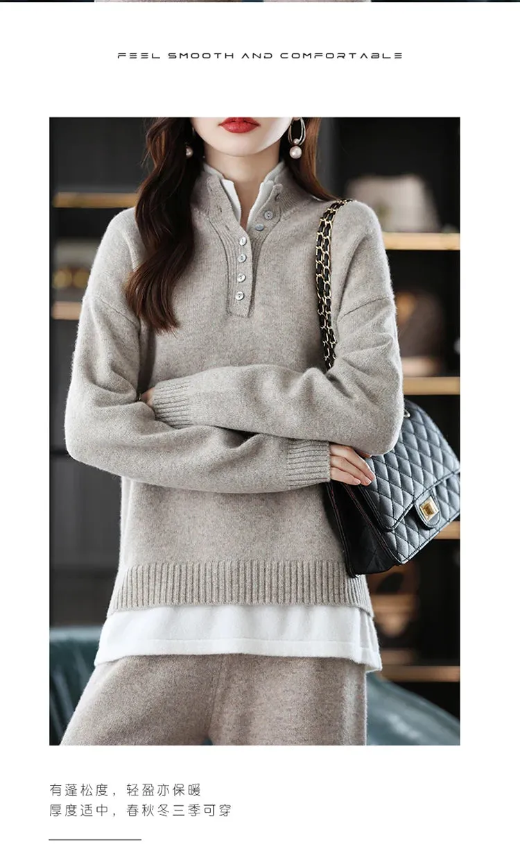 New 2023 Ladies 100% Cashmere Wool Suit Casual Long Sleeve Pullover Sweater Solid Color Knit Long Wide Leg Pants Pure Wool Suit