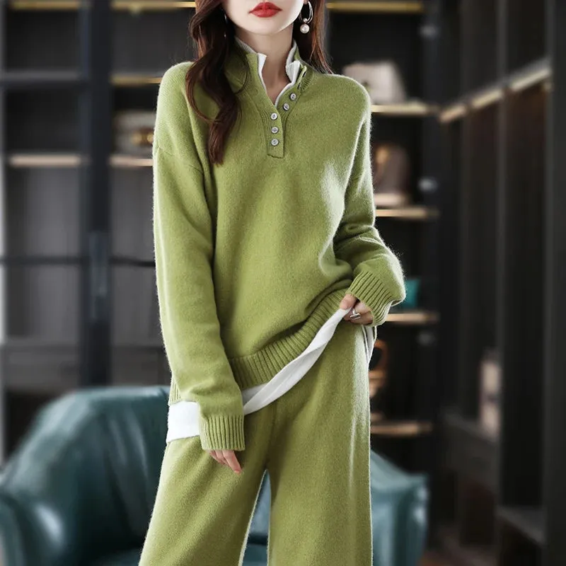 New 2023 Ladies 100% Cashmere Wool Suit Casual Long Sleeve Pullover Sweater Solid Color Knit Long Wide Leg Pants Pure Wool Suit