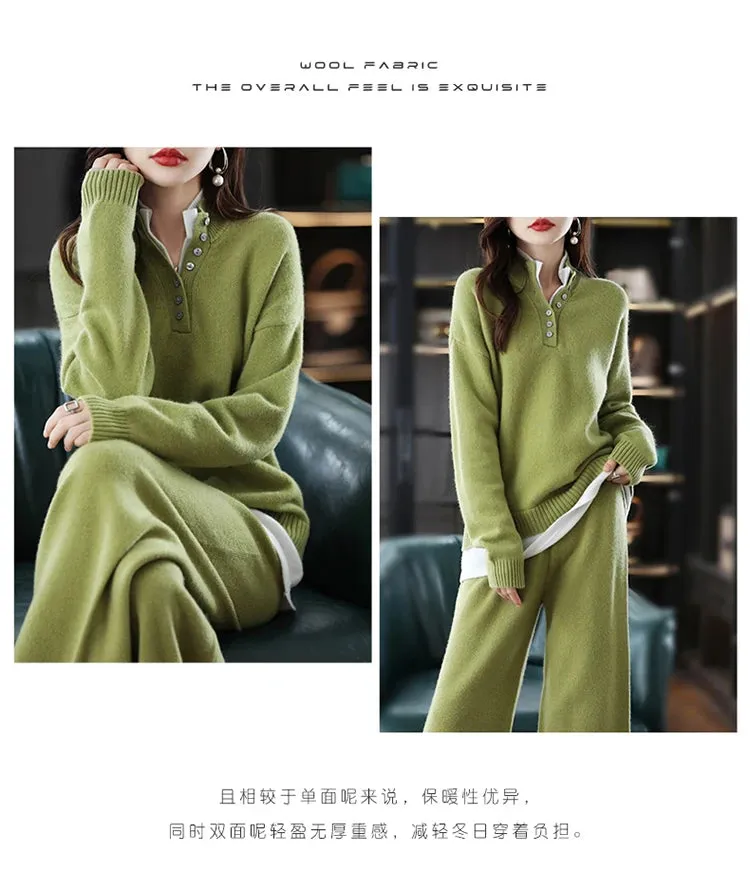 New 2023 Ladies 100% Cashmere Wool Suit Casual Long Sleeve Pullover Sweater Solid Color Knit Long Wide Leg Pants Pure Wool Suit