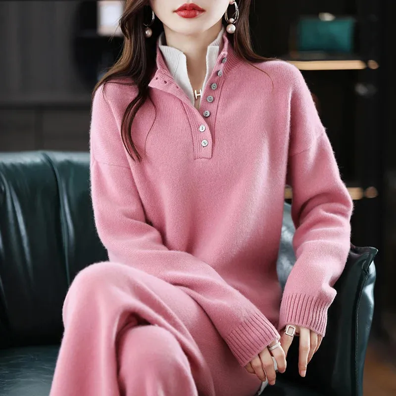 New 2023 Ladies 100% Cashmere Wool Suit Casual Long Sleeve Pullover Sweater Solid Color Knit Long Wide Leg Pants Pure Wool Suit