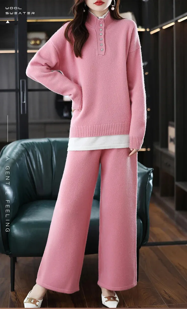 New 2023 Ladies 100% Cashmere Wool Suit Casual Long Sleeve Pullover Sweater Solid Color Knit Long Wide Leg Pants Pure Wool Suit