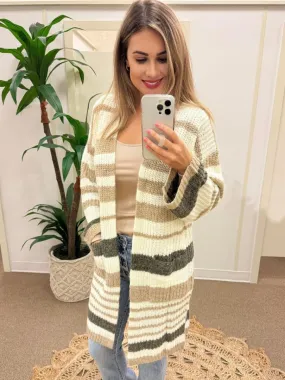 Open Knit Cardigan In Beige Stripes