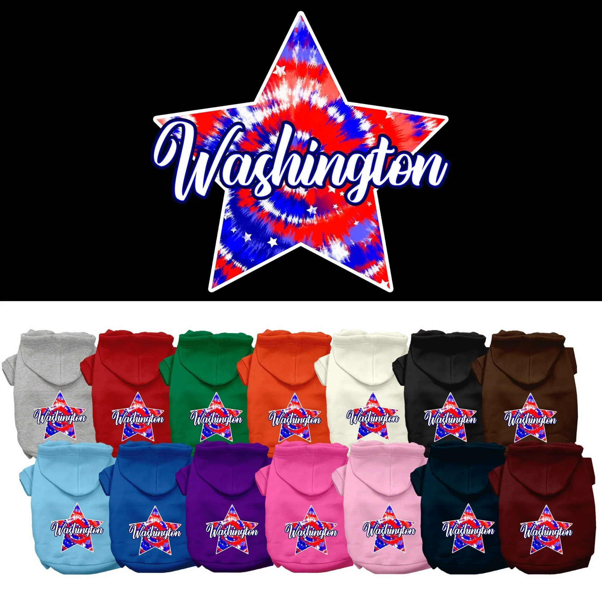 Pet Dog & Cat Screen Printed Hoodie for Medium to Large Pets (Sizes 2XL-6XL), "Washington Patriotic Tie Dye"