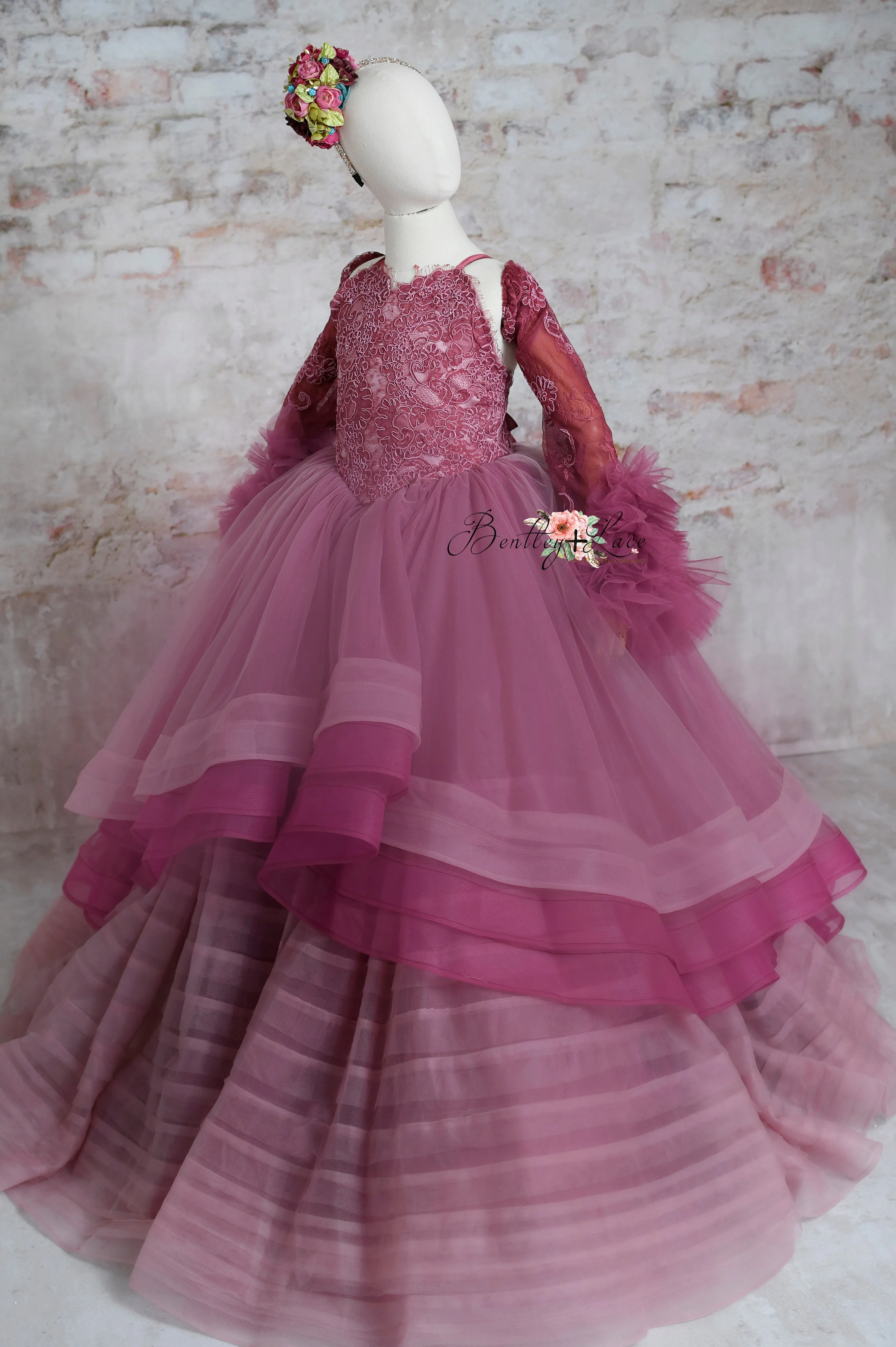 "Whispering Pink " - Floor Length Gown detach lace sleeves - (8 - 11 YEAR)