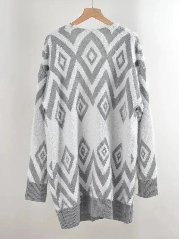 Retro Diamond Mid-Length Cardigan Sweater