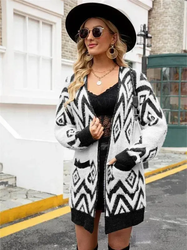 Retro Diamond Mid-Length Cardigan Sweater