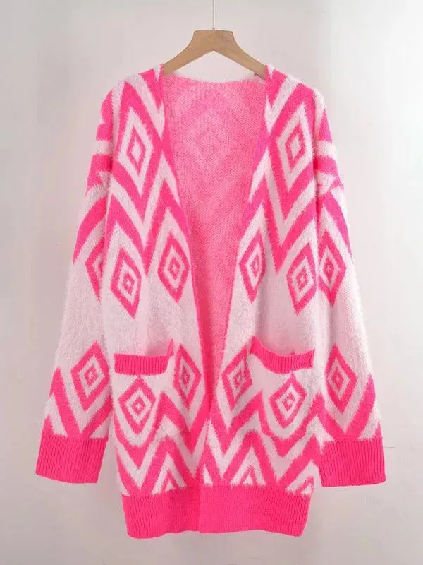 Retro Diamond Mid-Length Cardigan Sweater