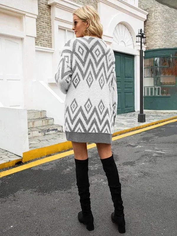 Retro Diamond Mid-Length Cardigan Sweater