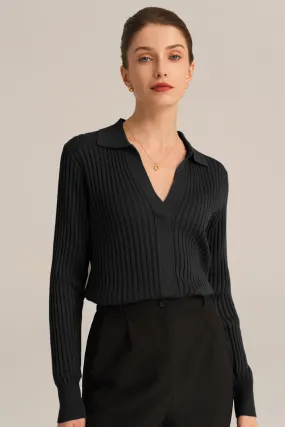 Ribbed V-Neck Long Sleeve Lapel Collar Knitted tops - Black