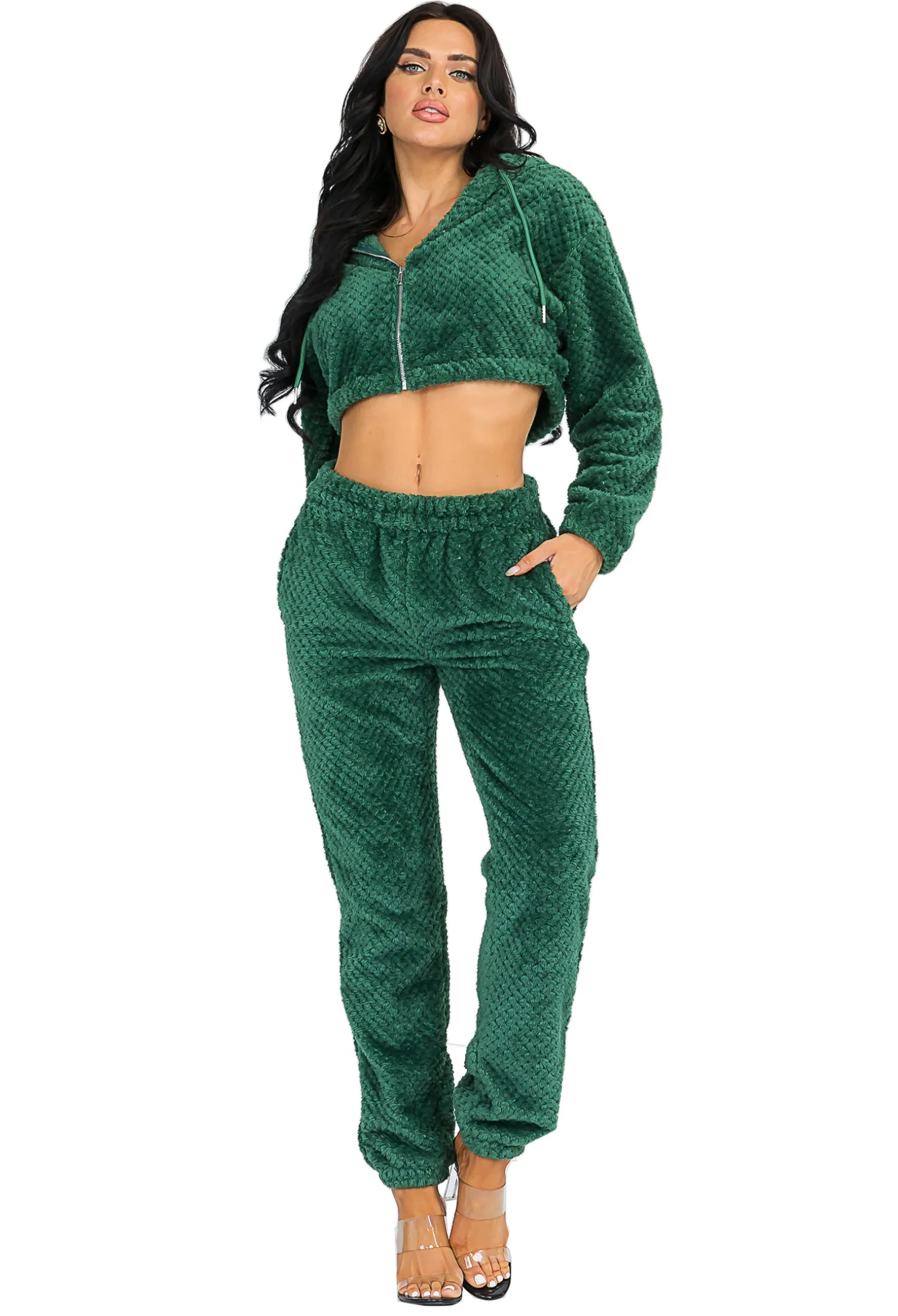 Sexy Sherpa Furry 2 Pieces Sets Crop Zipper Jacket and Long Pants