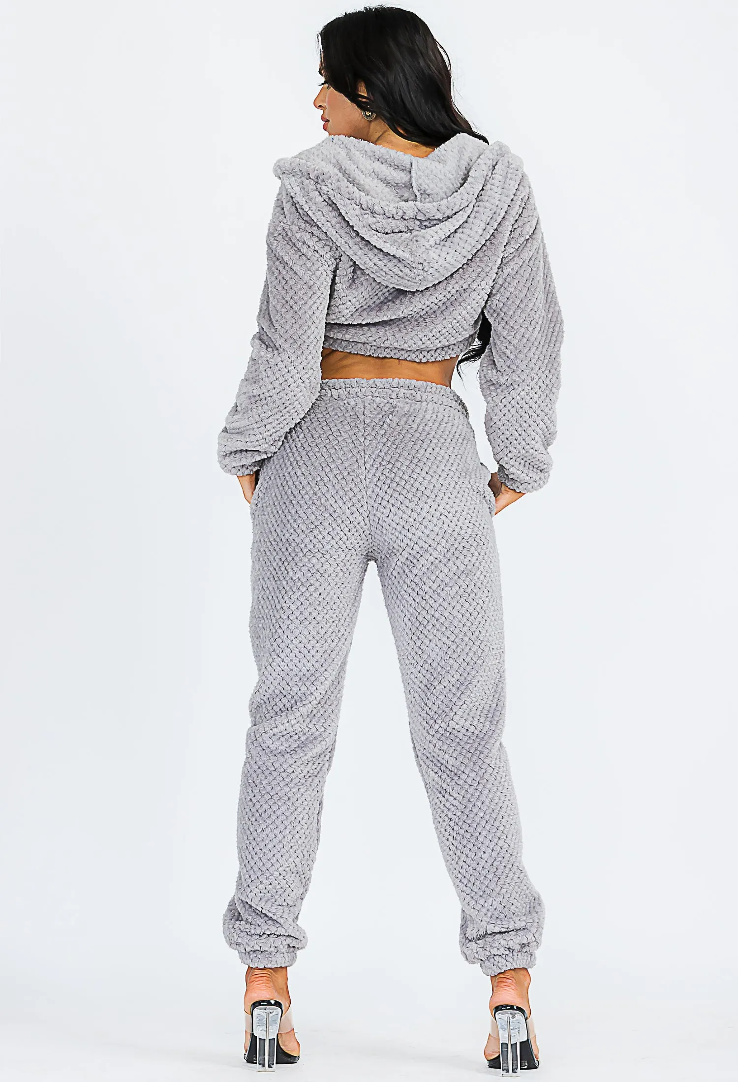 Sexy Sherpa Furry 2 Pieces Sets Crop Zipper Jacket and Long Pants