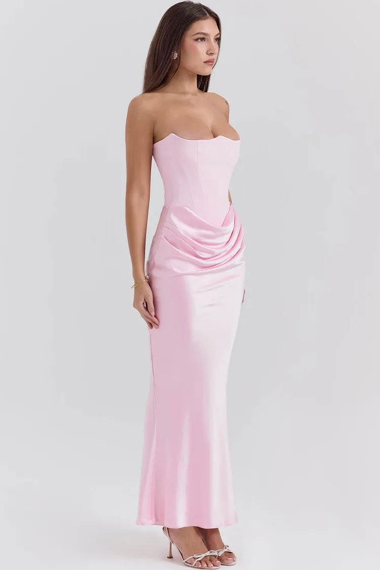 Sexy Sweetheart Strapless Corset Draped Satin Fishtail Evening Maxi Dress