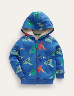 Shaggy-Lined Printed Hoodie-Bluejay