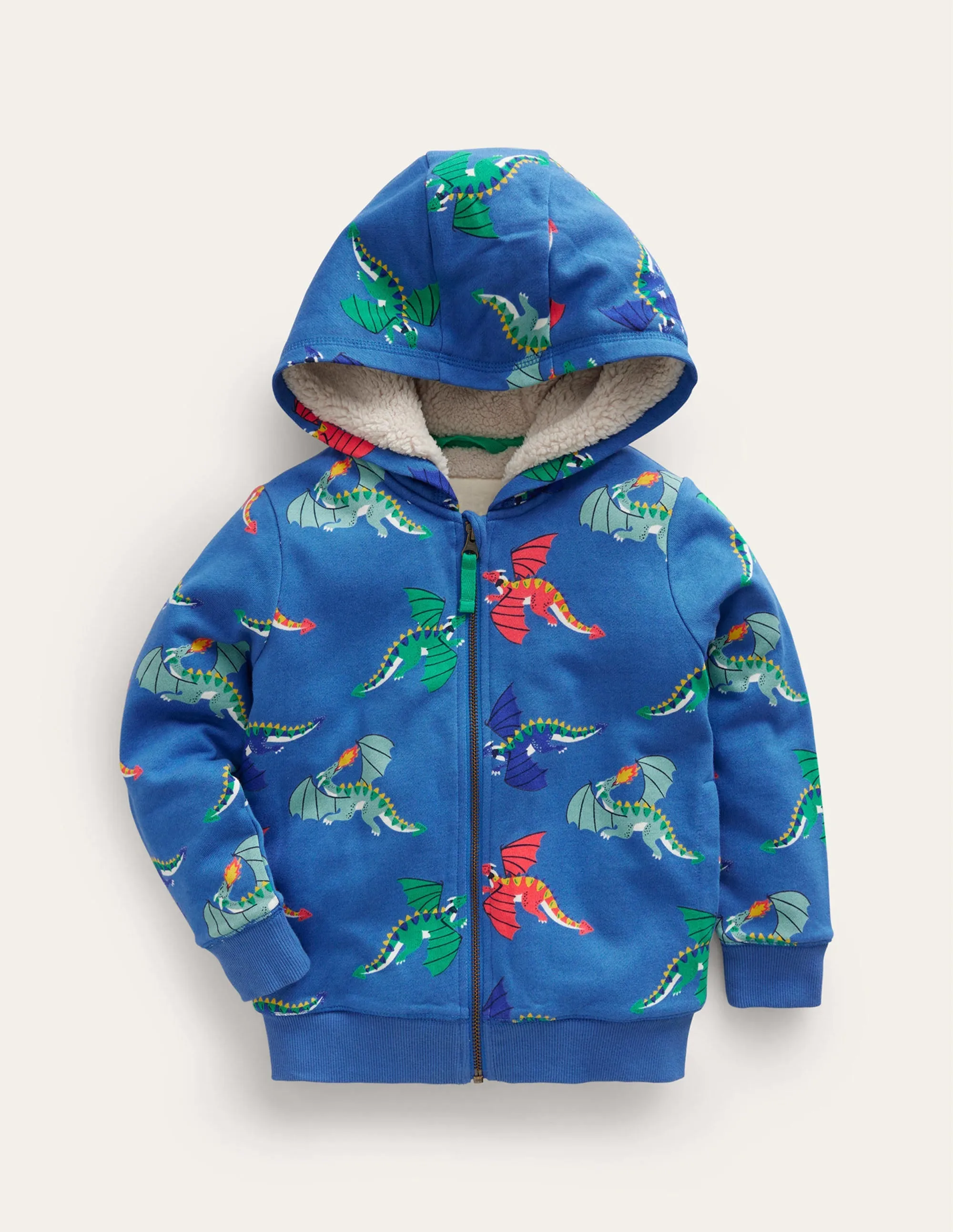 Shaggy-Lined Printed Hoodie-Bluejay