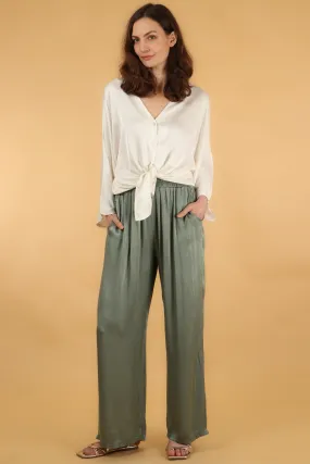 Silk Textured Wide Leg Trouser with Elasticated Waist in Sage Green