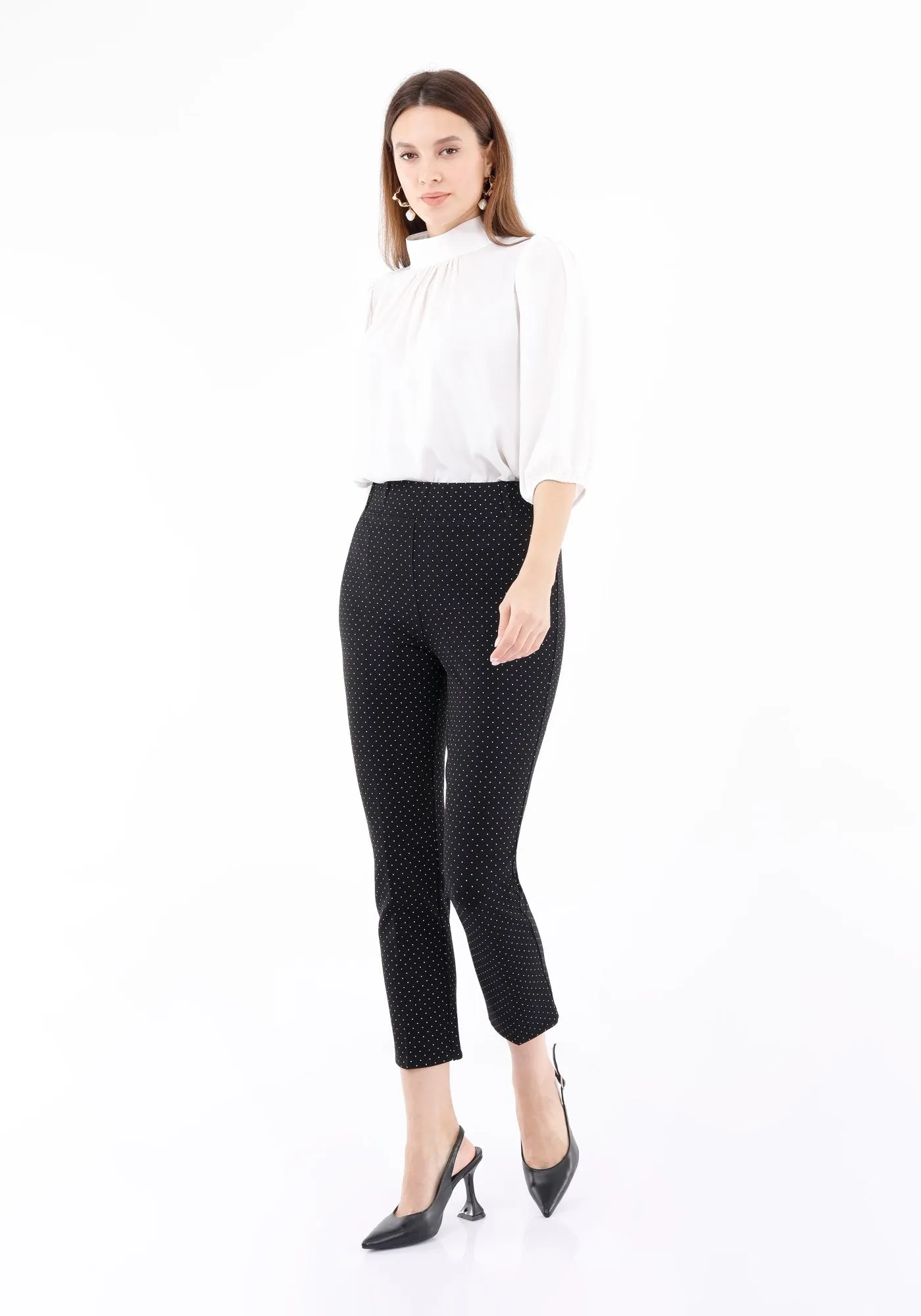 Slim Fit Stretchy Lycra Polka Dot Black Pants