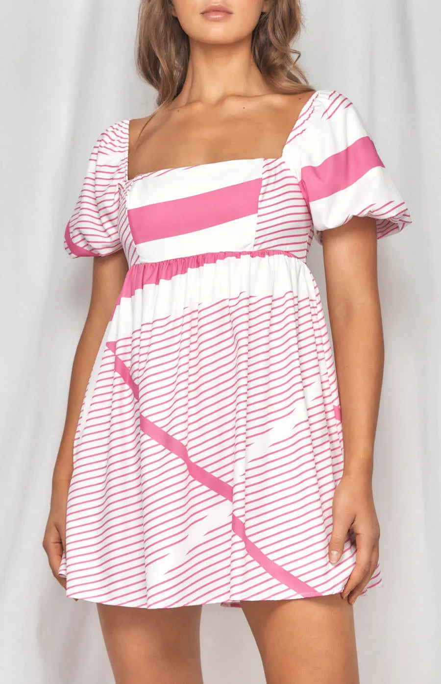 Stripe Baby Doll Dress With Puff Sleeves