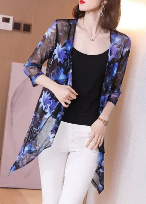 Stylish Blue V Neck Print Silk Sunscre Cardigans Loose Summer